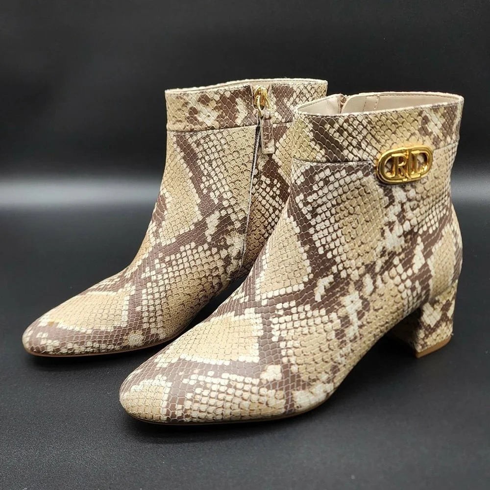 Lauren Ralph Lauren Boots Women 8B Tan Snakeskin Print LRL Logo Ankle‎ Booties